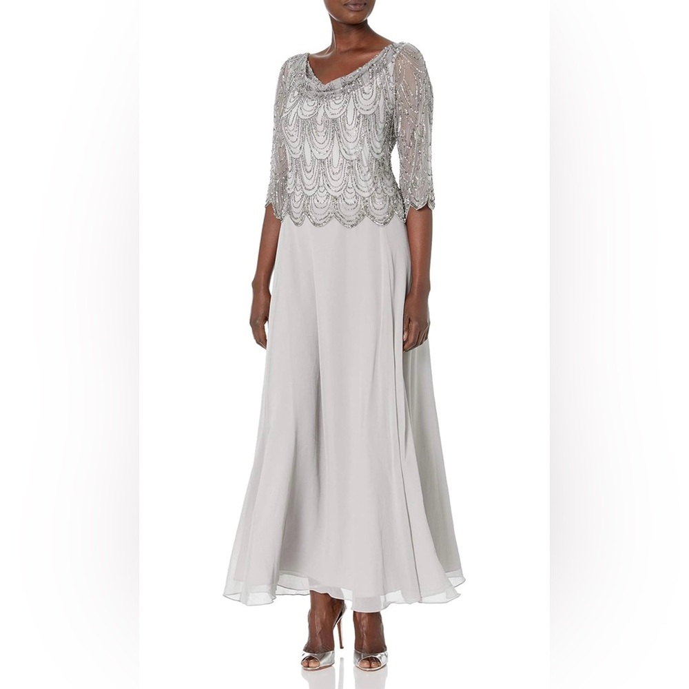 J Kara Women’s Petite 3/4 Scallop Beaded Pop Over Gown NWT